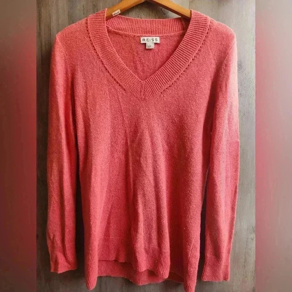 REISS Cashmere Wool Blend V Neck Pink Coral Sweater Size Small Women's - Picture 1 of 6